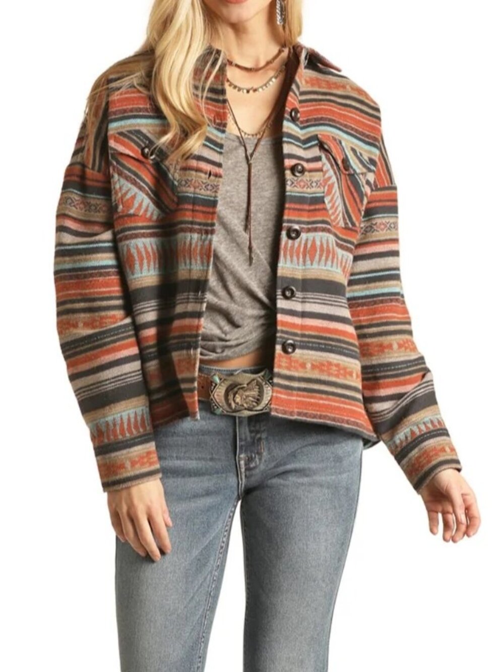 Rock & Roll Ladies Aztec Boyfriend Fit Shirt Jacket Boho Patterned Size Small